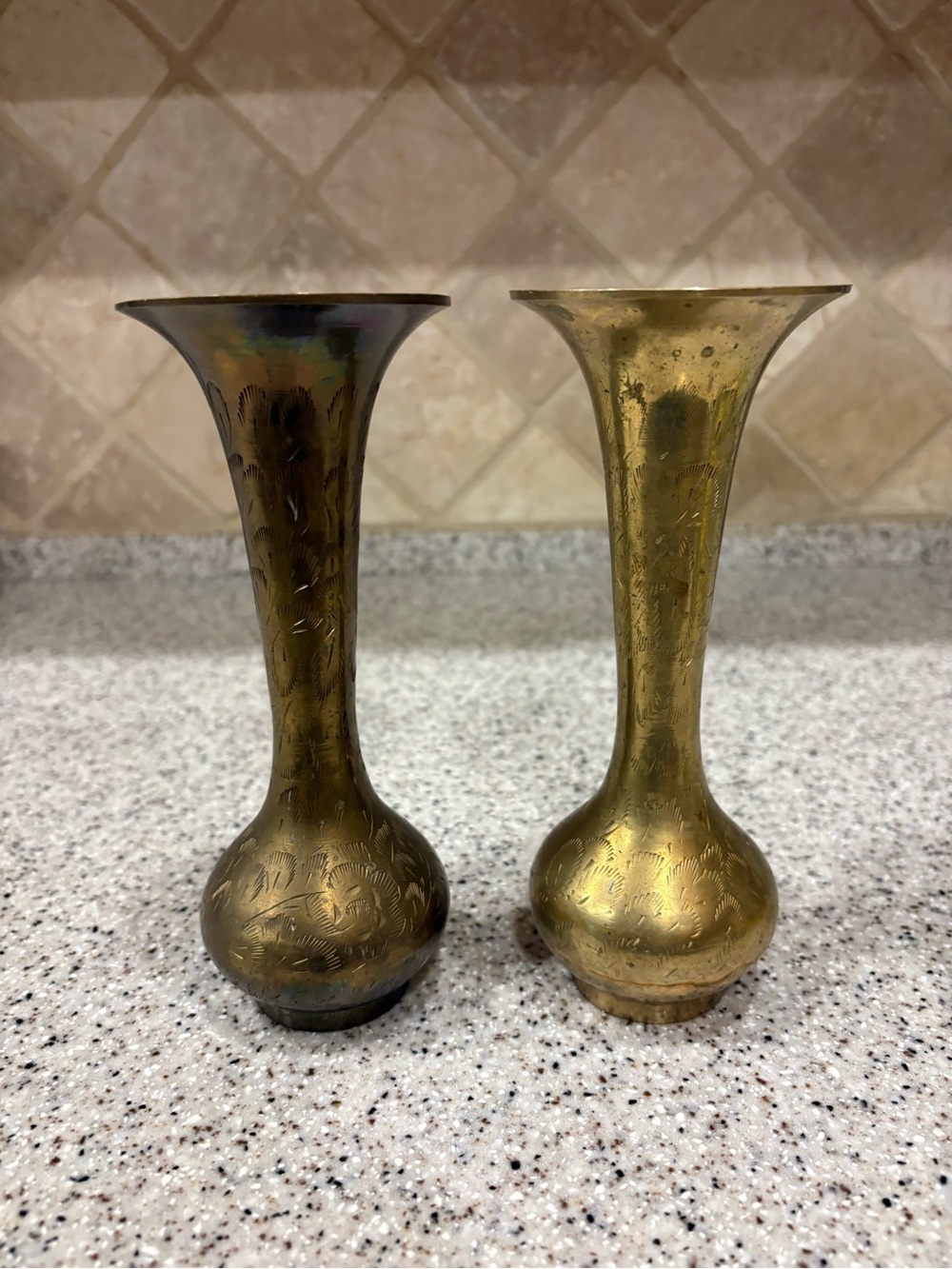Pair of vintage hand-etched solid brass bud vases